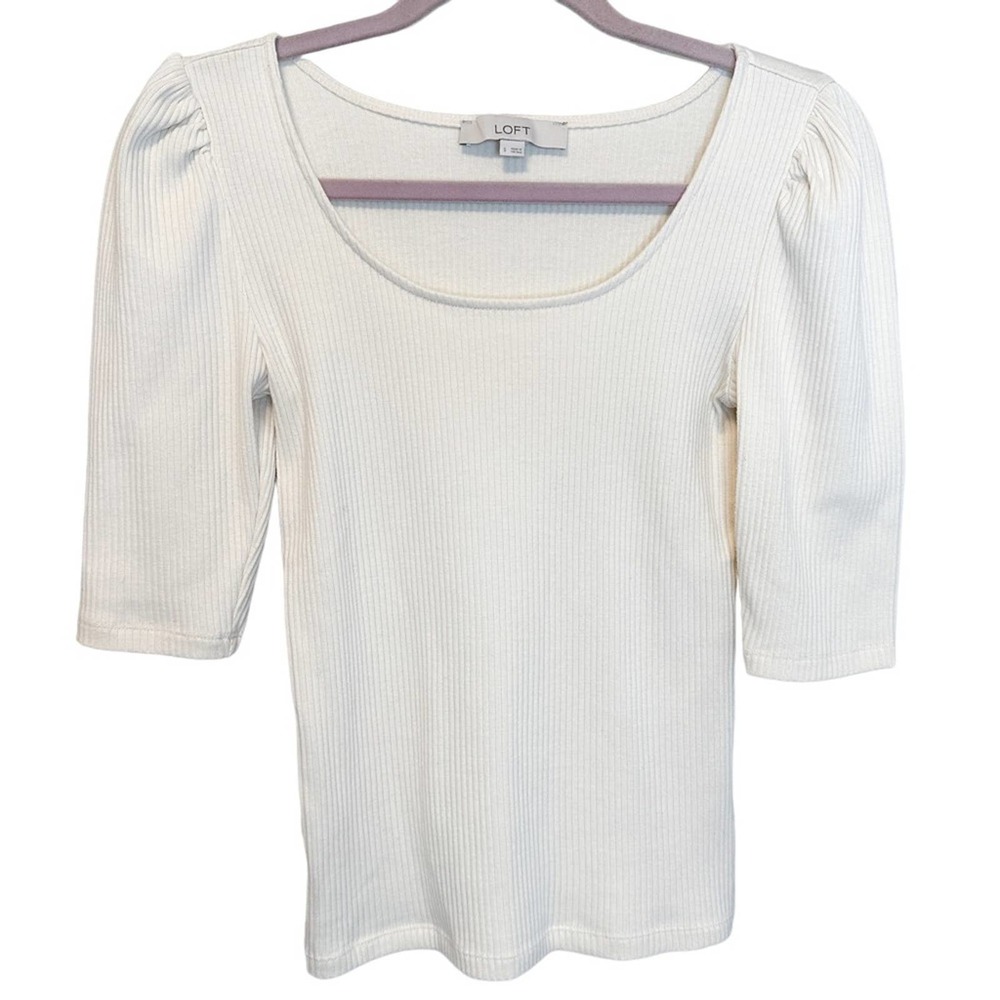 Loft Cream White Ribbed Puff Sleeve Slim Quarter Sleeve Top Size S